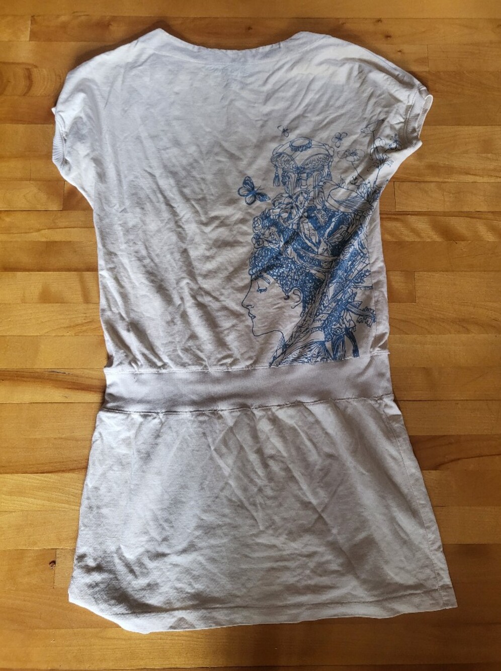 Women's Short-Sleeve Graphic Shirt Dress Light Beige with Blue Print